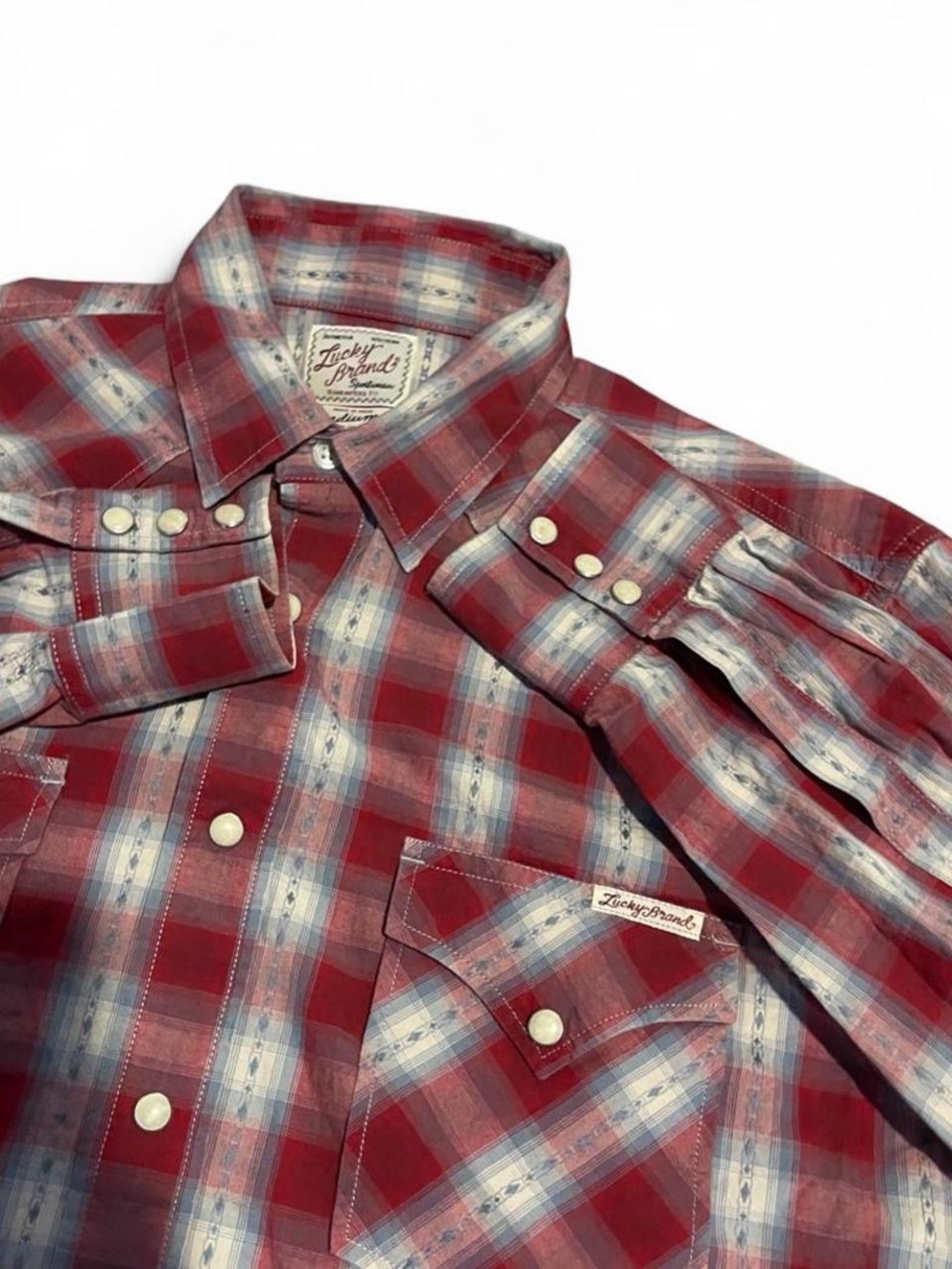 Vintage Lucky Brand Shirt Mens M Pearl Snaps Red Plaid Western Festival Y2K